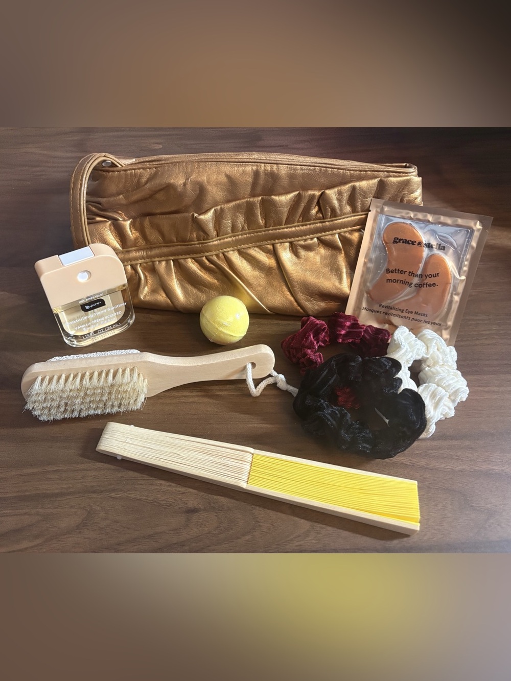 Gold Metallic Cosmetic Pouch w/Clean & Fresh Set - 9 Items